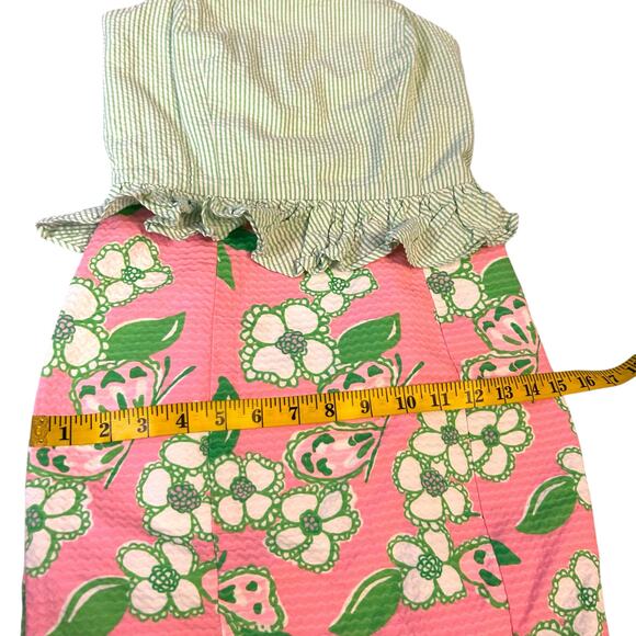 Adorable Lilly Pulitzer Strapless Seersucker Green and Pink Dress - Size 00 - Picture 7 of 16